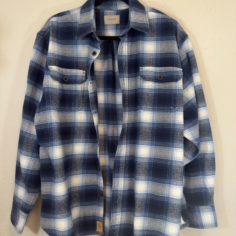 Jachs Mens Blue White Plaid 100% Cotton Fall Flannel Button Down Shirt Large